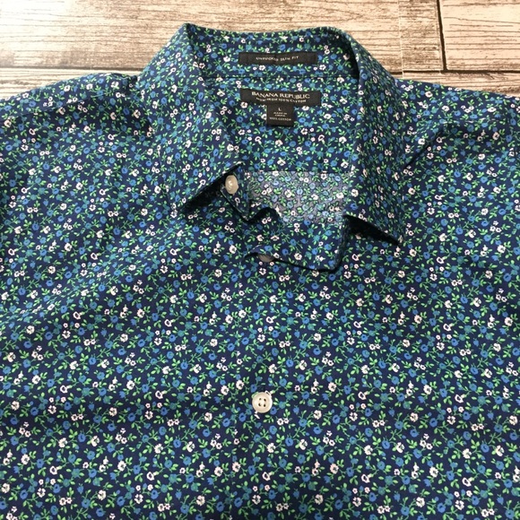 Banana Republic Non Iron Untucked Slim Fit Floral Shirt Men’s L Blue Green - Picture 7 of 8